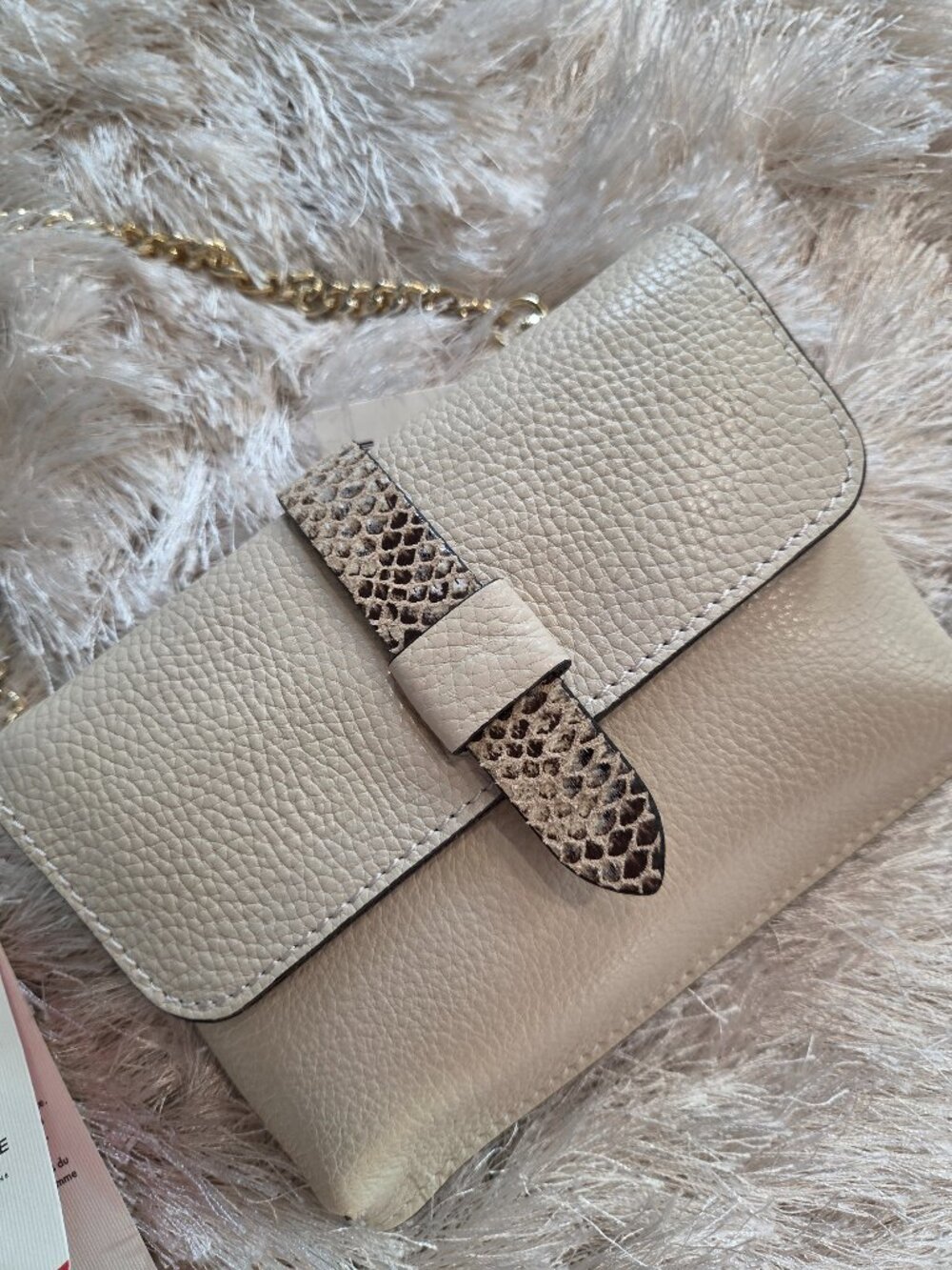 Womens Snakeprint Crossbody Bag Wallet On A Chain Italy Leather Cream Small